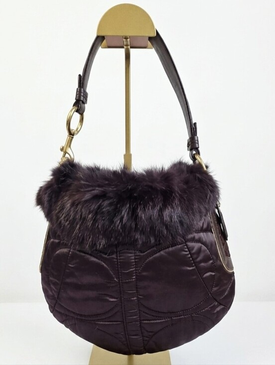 Coach Handbags - Coach Vintage SoHo Quilted Satin & Rabbit Fur Ski Hobo Bag Brown #3586 Like New